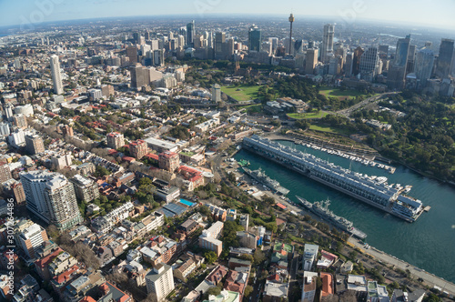 Photography Aerial cityscape of Sydney Woolloomooloo suburb and historic wharf