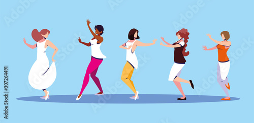 scene of women in dance pose, party, dance club