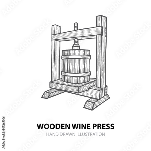 Wine press. Hand drawn wooden wine press vector illustration. Grape press sketch drawings set. Wine making theme concept design. Part of set. 