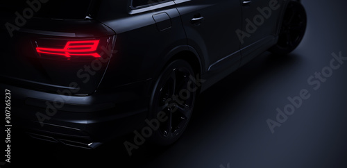 Stampa su tela Back of the modern black car on dark background with rear lights on (3D Illustra