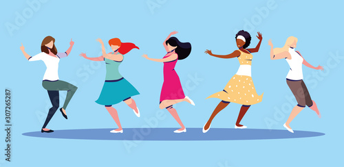scene of women in dance pose, party, dance club