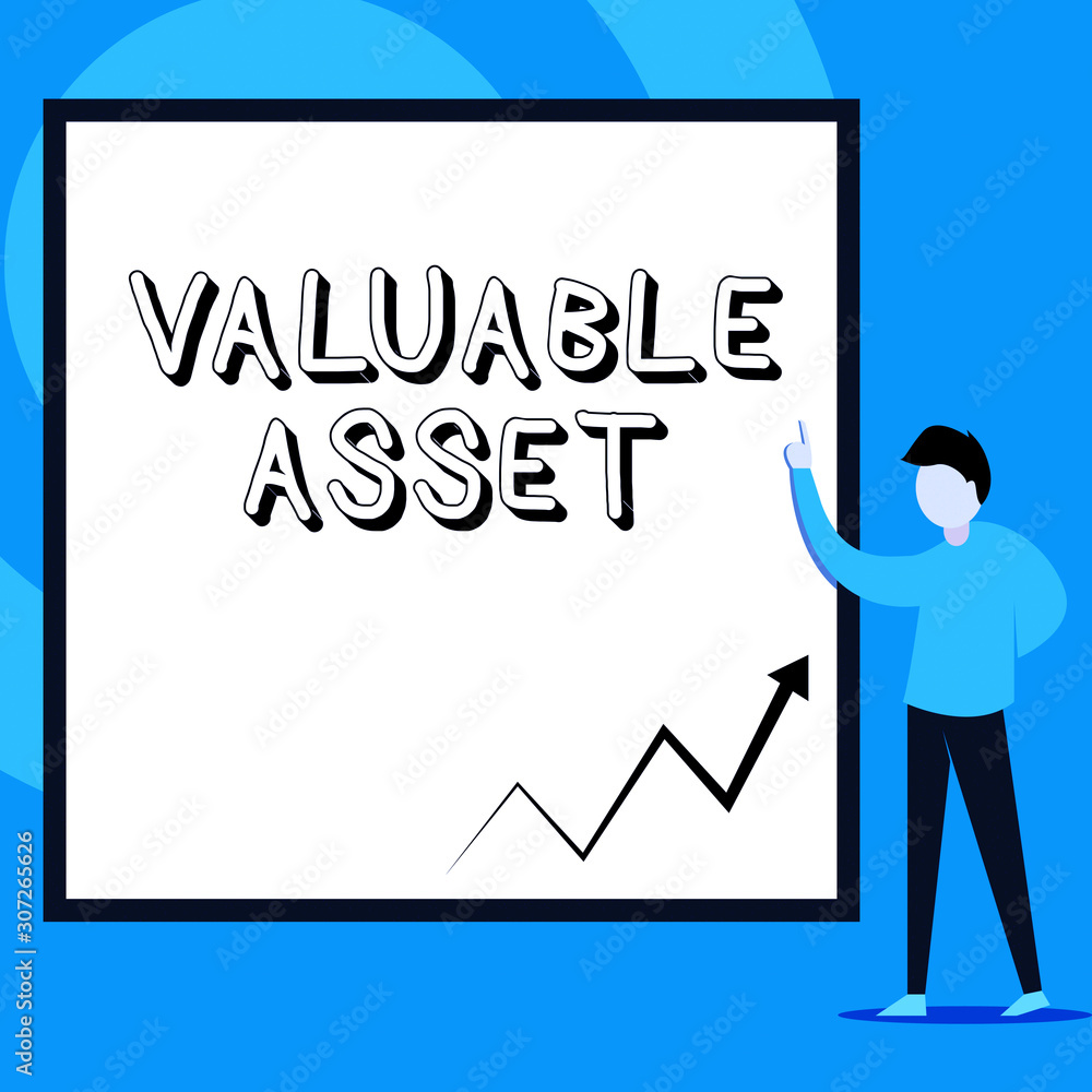 Conceptual hand writing showing Valuable Asset. Concept meaning Your most valuable asset is your ability or capacity Man standing pointing up blank rectangle Geometric background Conceptual hand writing showing Valuable Asset. Concept meaning Your most valuable asset is your ability or capacity Man standing pointing up blank rectangle Geometric background