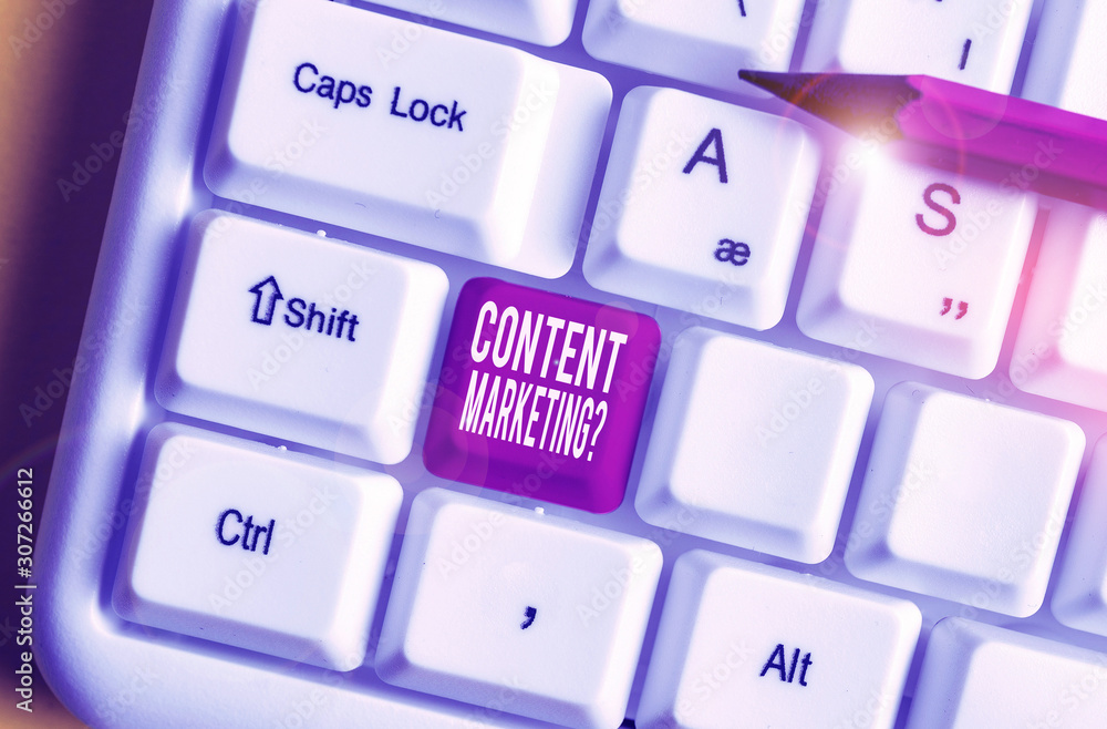 Word writing text Content Marketing question. Business photo showcasing involves creation and sharing of online material White pc keyboard with empty note paper above white background key copy space Word writing text Content Marketing question. Business photo showcasing involves creation and sharing of online material White pc keyboard with empty note paper above white background key copy space