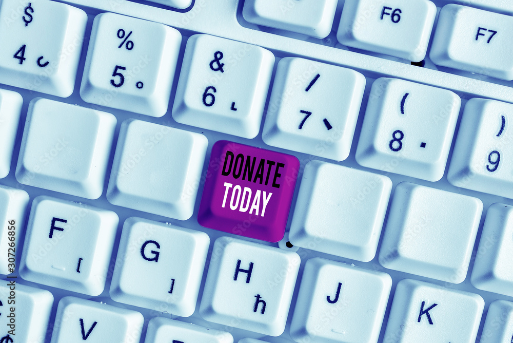 Handwriting text writing Donate Today. Conceptual photo time to give money or goods to help a demonstrating or organization White pc keyboard with empty note paper above white background key copy Handwriting text writing Donate Today. Conceptual photo time to give money or goods to help a demonstrating or organization White pc keyboard with empty note paper above white background key copy