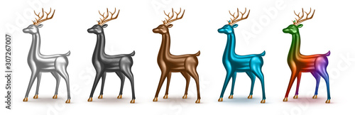 Fototapeta Naklejka Na Ścianę i Meble -  Happy New Year and Merry Christmas. Set of realistic metallic 3d deer with different color. Xmas reindeer isolated on white background. Vector holiday decoration for banner, postcard and greeting card