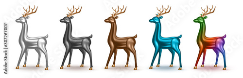 Happy New Year and Merry Christmas. Set of realistic metallic 3d deer with different color. Xmas reindeer isolated on white background. Vector holiday decoration for banner, postcard and greeting card