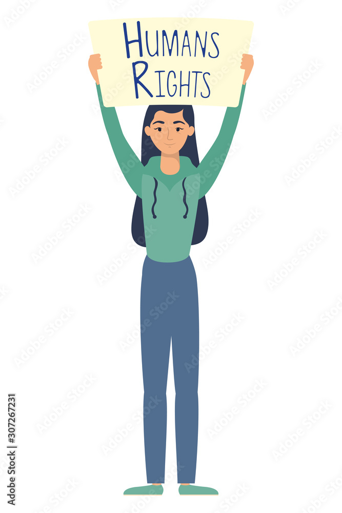 young woman with human rights label character