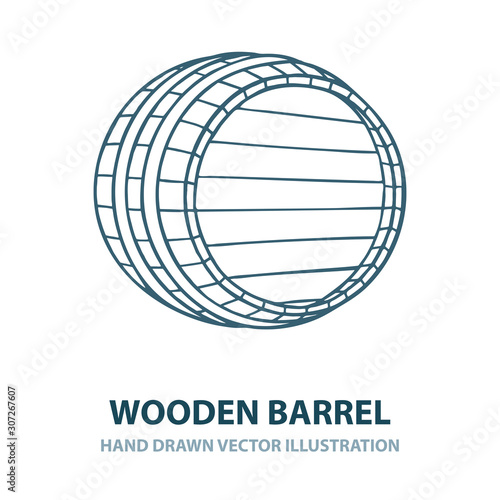 Barrel. Hand drawn wooden barrel vector illustration in engraving style. Vintage whiskey, wine or beer barrel isolated on white background. Part of set.