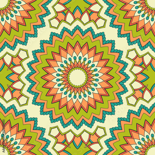 Decorative colorful ethnic seamless pattern for fabric or wrapping in oriental style. Hand drawn illustration