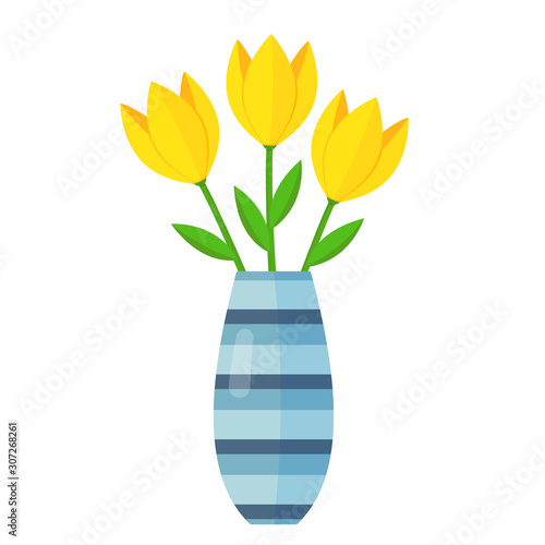 Bouquet of yellow tulip flowers in a vase. Flat style colorful vector illustration icon isolated on a white background.