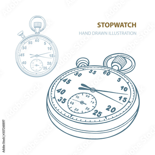 Stopwatch. Stopwatch hand drawn vector illustration isolated on white background. Stopwatch sketch drawing. Part of set.