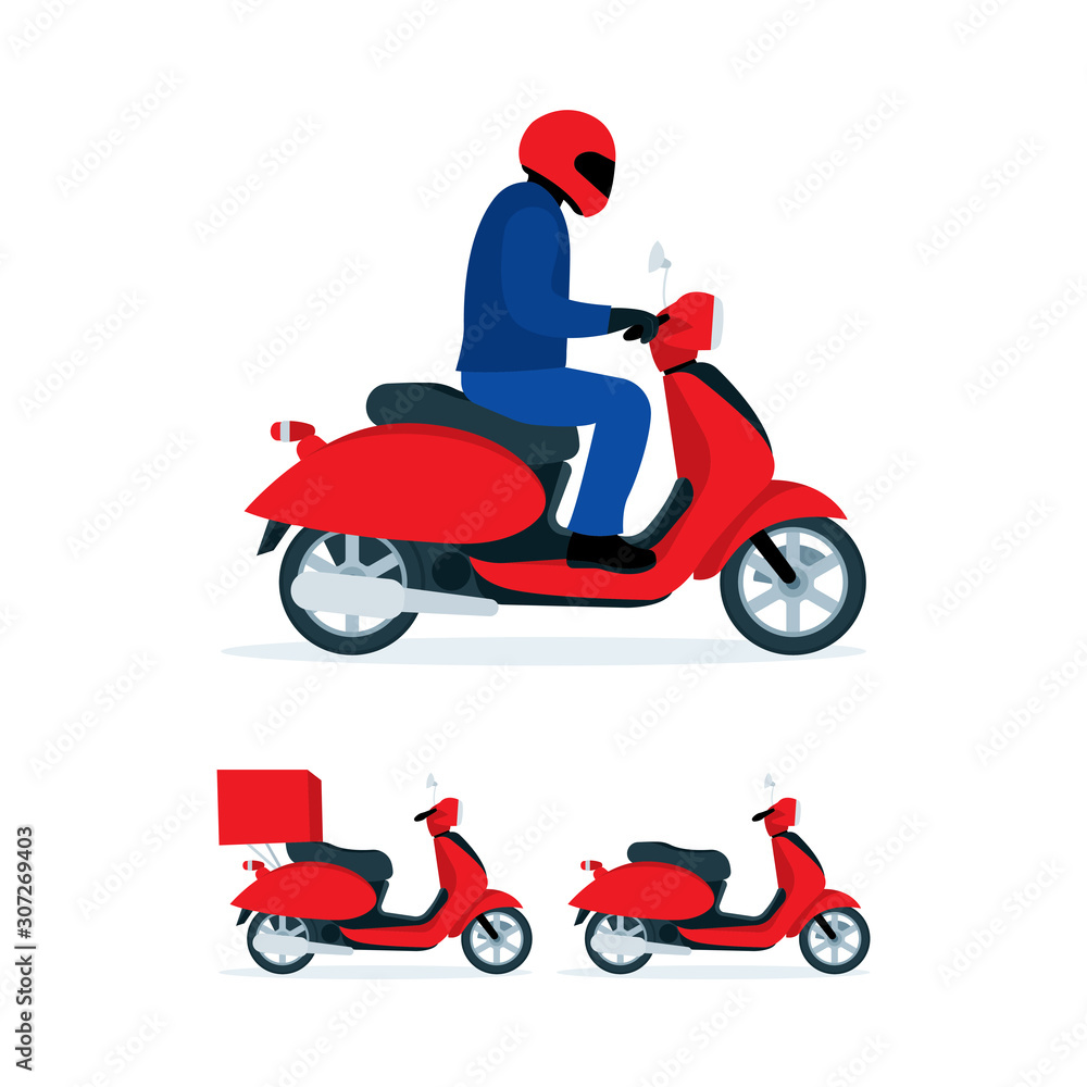 Delivery scooter. Delivery man ride scooter motorcycle. Cartoon style scooter vector illustrations set. Part of set.