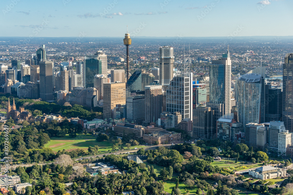 Fototapeta premium Sydney city cityscape aerial view landscape with office buildings and Domain