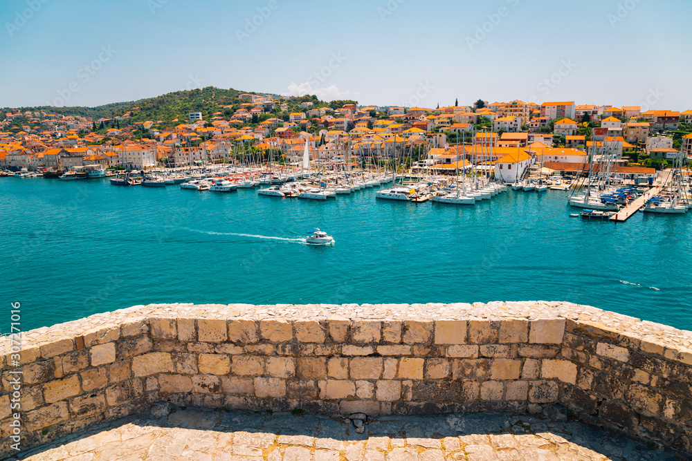 Adriatic sea and harbor view from Kamerlengo castle and fortress in Trogir, Croatia