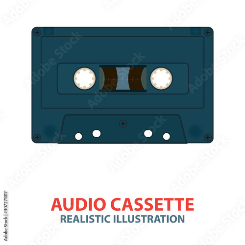 Audio tape cassette. Realistic vintage cassette illustration. Old tape cassette simple flat design on white background. Retro music concept.