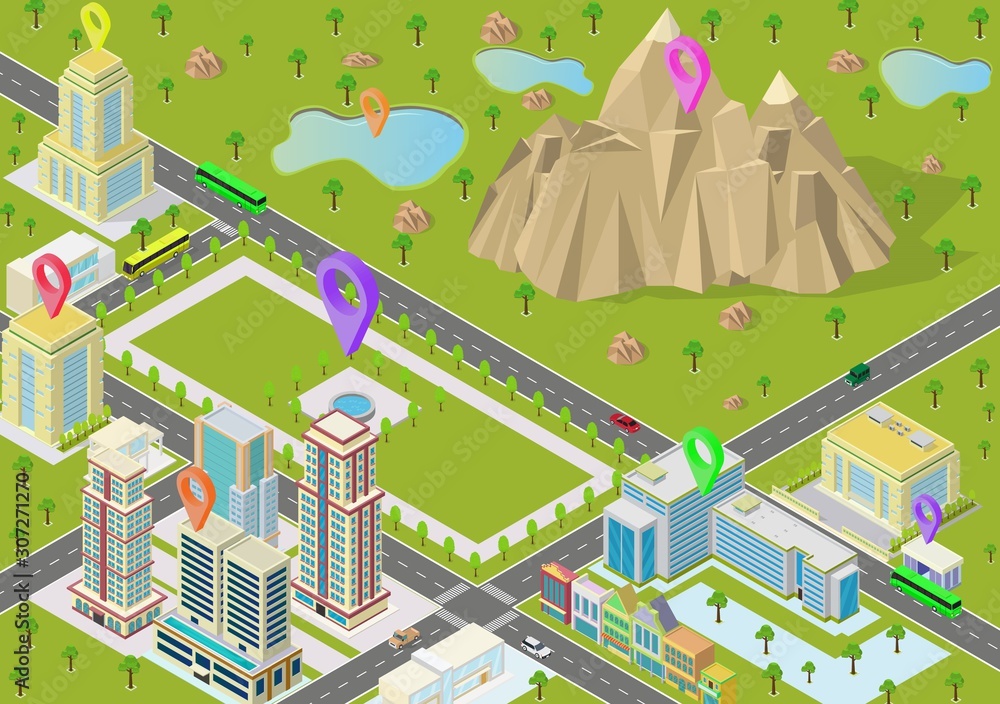 Isometric landscapes with city buildings and mountain Isometric landscapes with city buildings and mountain