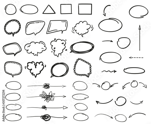 Set of different shapes. Abstract arrows. Hand drawn speech bubbles. Abstract signs