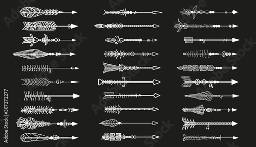 Hand drawn arrow. Abstract elements. Set of different arrows. Black and white illustration