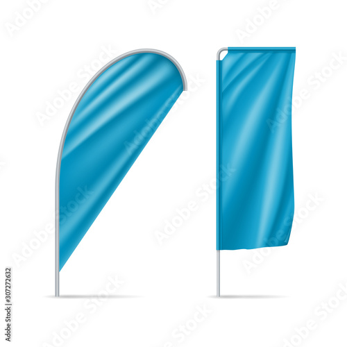 Blue teardrop and rectangular flags mockups. Realistic stationary expo banners for outdoor presentation, exhibition or sport competition. Product advertising and promotion vector illustration.