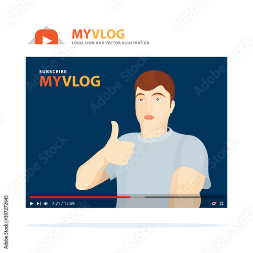 Video blogger, player screen, channel logo and digital camera illustration. Video blog design template. Digital social media vector concept.