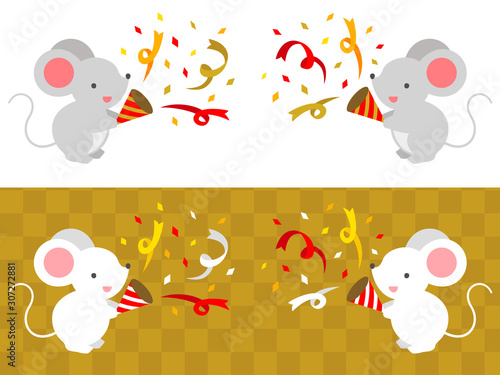 クラッカーを鳴らすネズミのペアのイラストセット