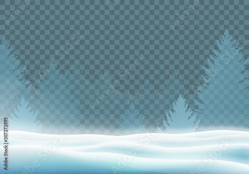 Magic winter mockup with snowdrifts and coniferous trees. Merry Christmas and Happy New Year greeting card vector template with copy space. Realistic winter landscape on transparent background.