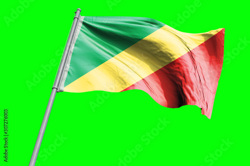 Republic of the Congo Flag on Flagpole. Waving Rippled Flag Pole in the Wind.Design llustration in Silk Fabric Texture. Isolated on Chroma Key Green Screen Background photo