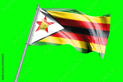 Zimbabwe Flag on Flagpole. Waving Rippled Flag Pole in the Wind.Design llustration in Silk Fabric Texture. Isolated on Chroma Key Green Screen Background