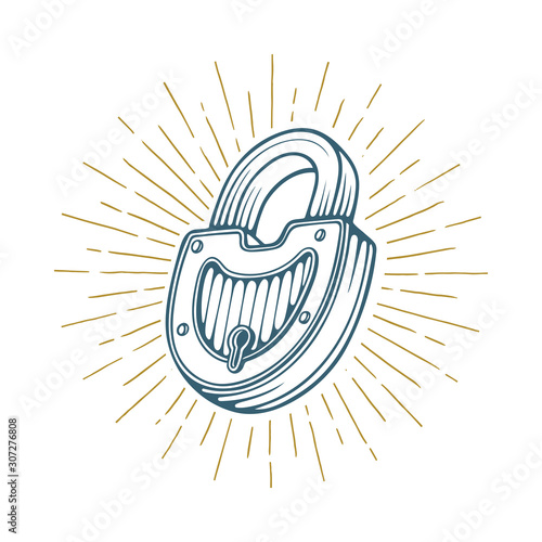 Padlock. Hand drawn padlock with rays vector illustration. Glowing retro style padlock sketch drawing. Part of set.