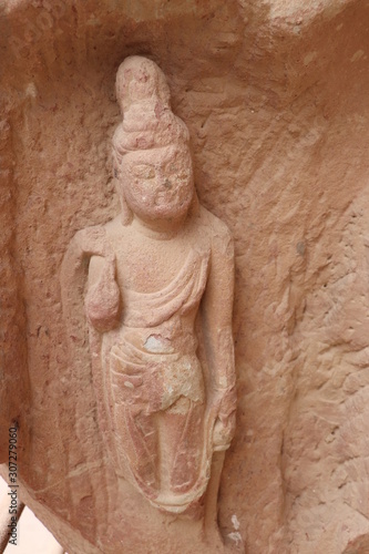 Buddhist sculpture in Bingling Temple and grottoes  Yongjing  Gansu Province  China.UNESCO World heritage site. Silk Roads  the Routes Network of Chang an-Tianshan Corridor 