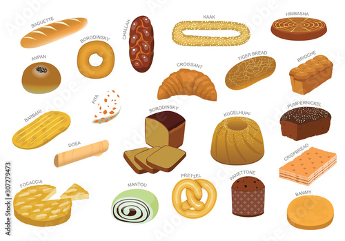 Various Bread Kind From Around the World Cartoon Vector