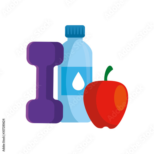 dumbbell with bottle water and apple vector illustration design