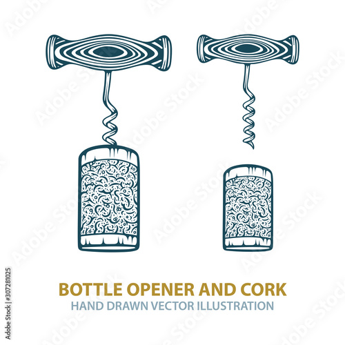 Corkscrew and cork hand drawn vector illustration. Opener for wine bottle and cork sketch drawing. Part of set.