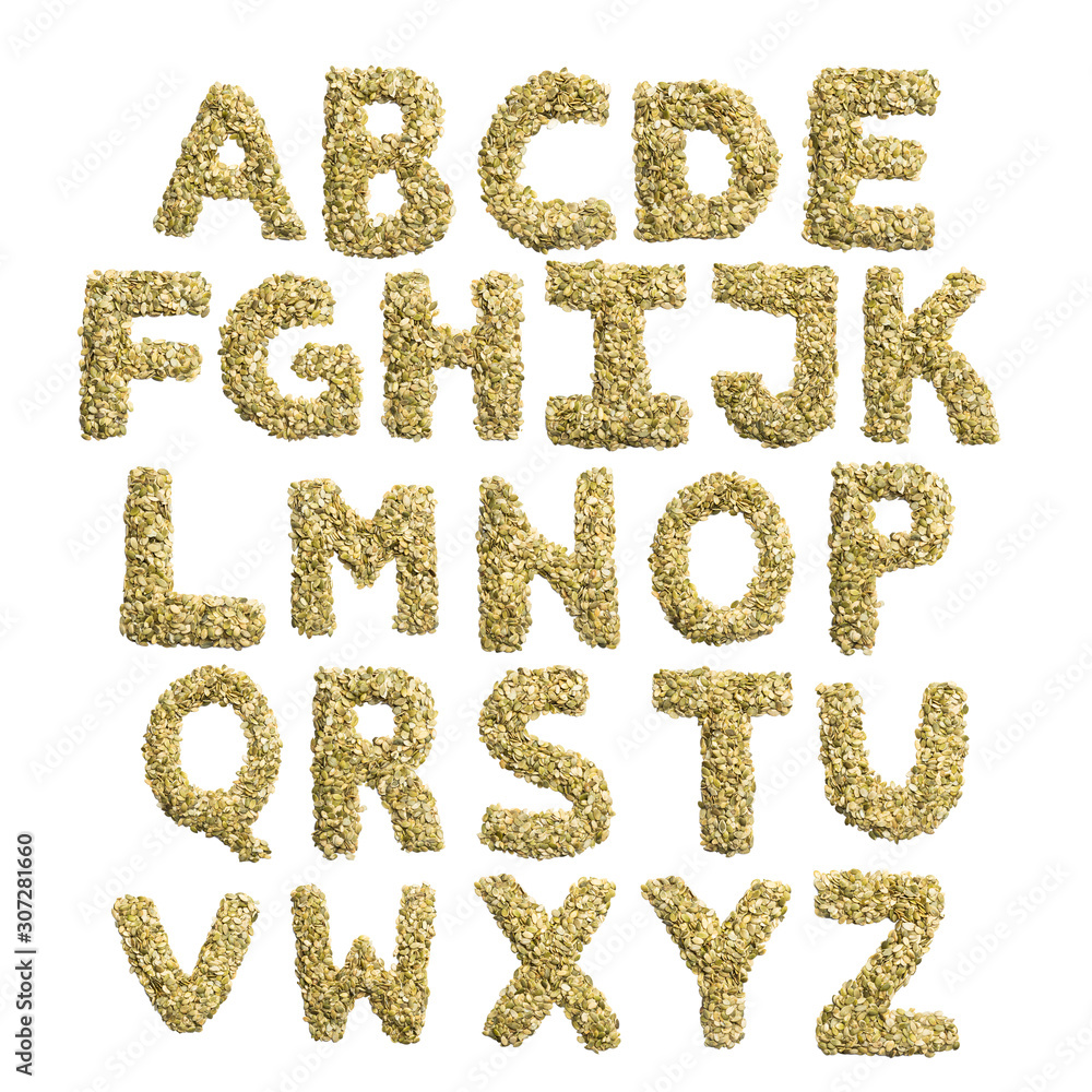 English alphabet from pumpkin seeds on a white isolated background. Food pattern made from seeds. Bright alphabet for shops. English alphabet from pumpkin seeds on a white isolated background. Food pattern made from seeds. Bright alphabet for shops.