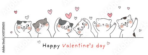 Draw banner happy cat for Valentine's day.