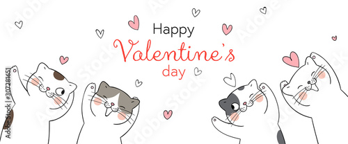 Draw banner happy cat for Valentine's day Love concept.