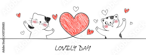 Draw outline banner cat with red heart for Valentine's day.