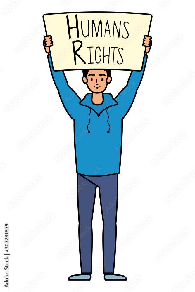 young man with human rights label character young man with human rights label character