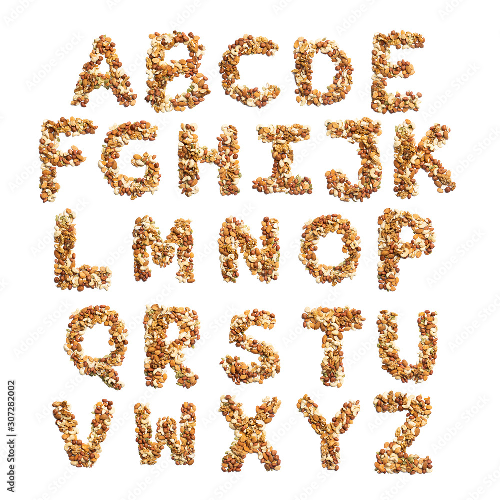 English alphabet from a mixture of hazelnuts, almonds, walnuts, peanuts, cashews, pumpkin seeds on a white isolated background. Food pattern made from nuts. Bright alphabet for shops. English alphabet from a mixture of hazelnuts, almonds, walnuts, peanuts, cashews, pumpkin seeds on a white isolated background. Food pattern made from nuts. Bright alphabet for shops.