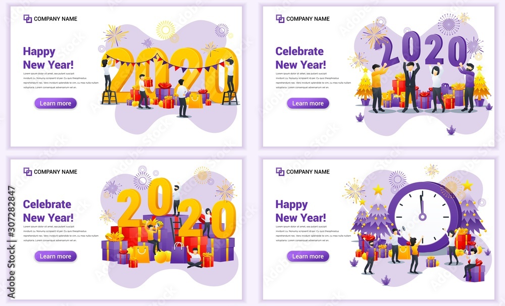 Set of web page design templates for Happy new year 2020, People celebrate new year, Christmas. Can use for web banner, poster, infographics, landing page, web template. Flat vector illustration