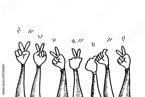 hand drawn of Hands gesture peace sign, thumbs up gesture on doodle style , vector illustration