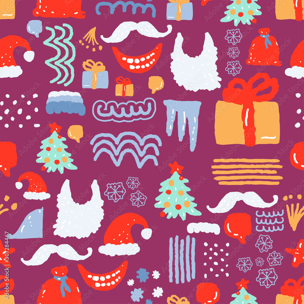 Christmas hand drawn doodle pattern seamless. Xmas Abstract modern trendy background. New Year vector texture