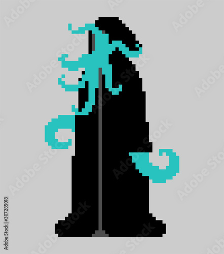 Cult Cthulhu follower pixel art. 8 bit Monk octopus with tentacles and in cassock