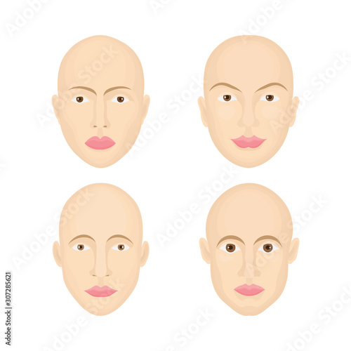 Male and female hairless character portraits set. Male and female users profile sign. Man and woman avatar symbols collection. Part of set.
