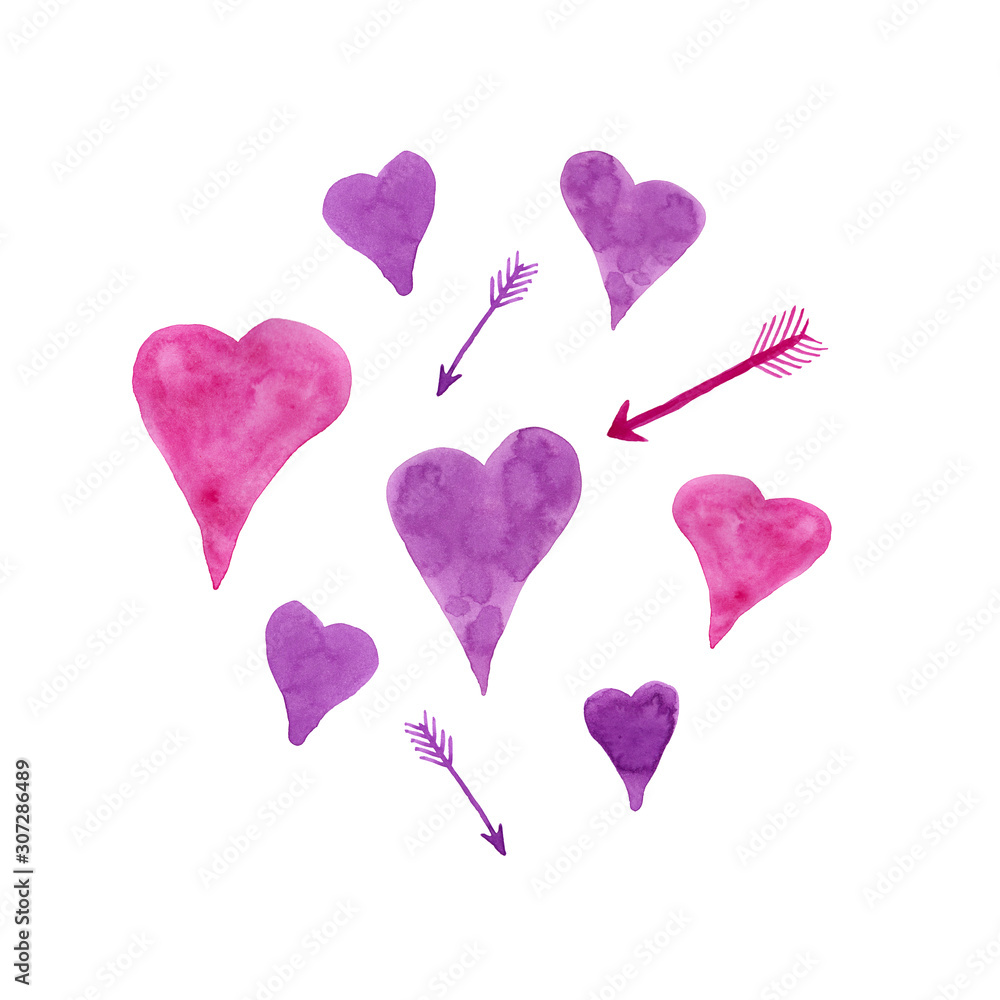 Hand drawn pink and purple watercolor hearts and arrows isolated on white background. Romantic elements for Valentine's day and other holidays and events.