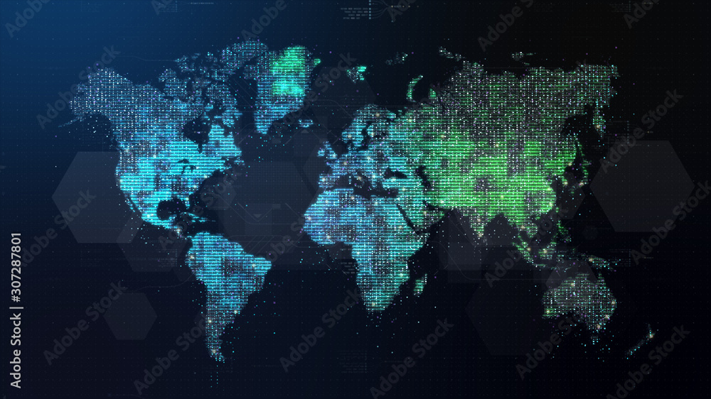 Fototapeta premium Futuristic global 5G worldwide communication via broadband internet connections between cities around the world with matrix particles continent map for head up display background