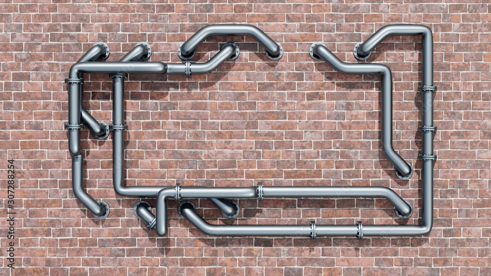 Empty space on a red brick wall is entangled in metal pipes