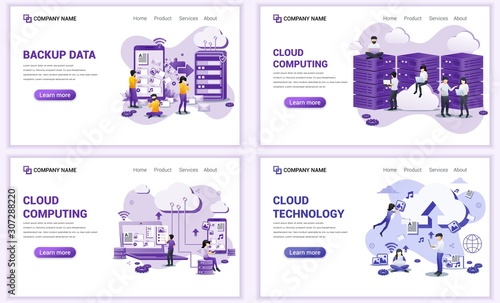 Set of web page design templates for backup data, cloud computing, data center. Can use for web banner, poster, infographics, landing page, web template. Flat vector illustration