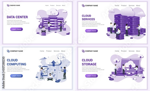 Set of web page design templates for cloud computing, data center. Can use for web banner, poster, infographics, landing page, web template. Flat vector illustration