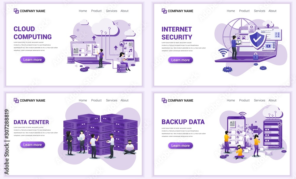 Set of web page design templates for cloud computing, internet security, data center. Can use for web banner, poster, infographics, landing page, web template. Flat vector illustration